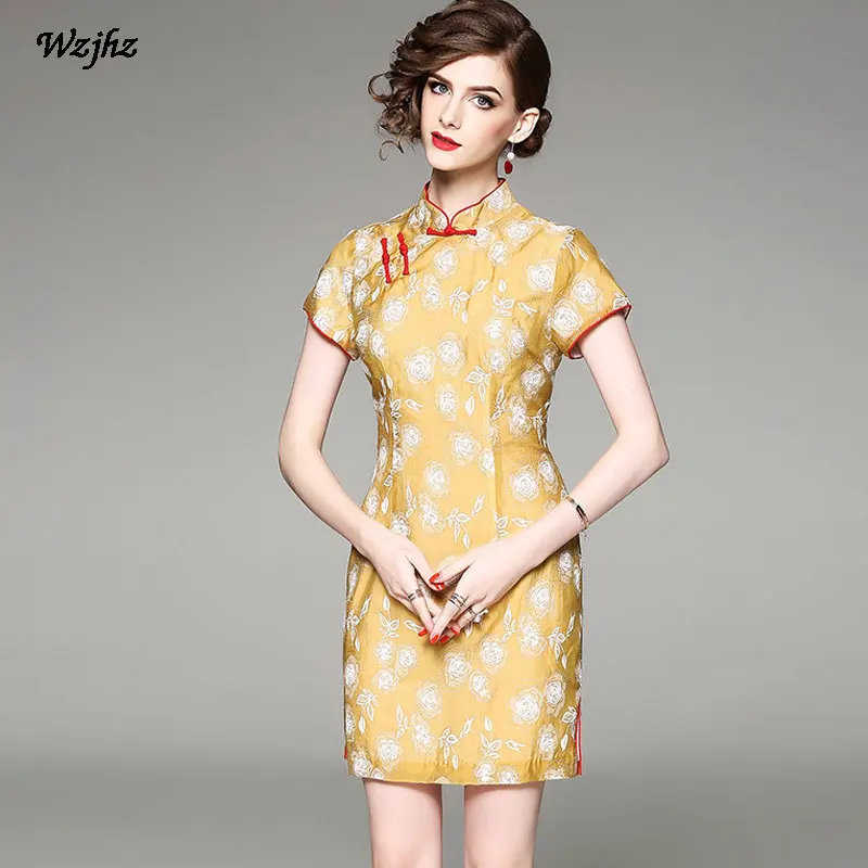 WZJHZ Новый Леди Cheongsam вышивка платье с цветочным принтом элегантный тонкий рукавов