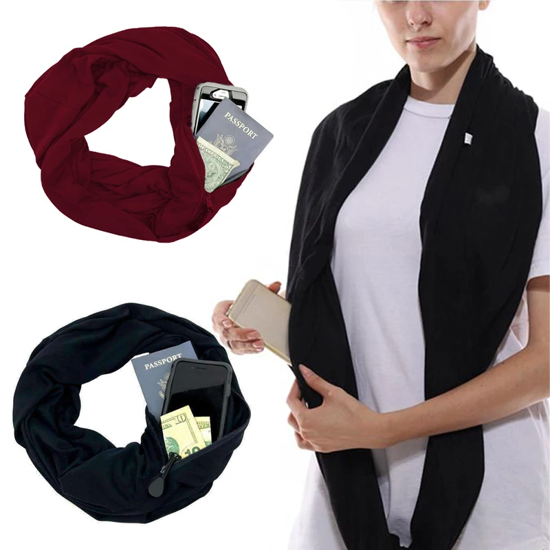 Шейный платок шарф Карманный практичный теплый карман с молнией модные зимние