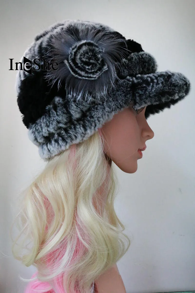 IneShe Женщин Натурального Меха Шапки Вязание Рекс Кролика русский Шляпа