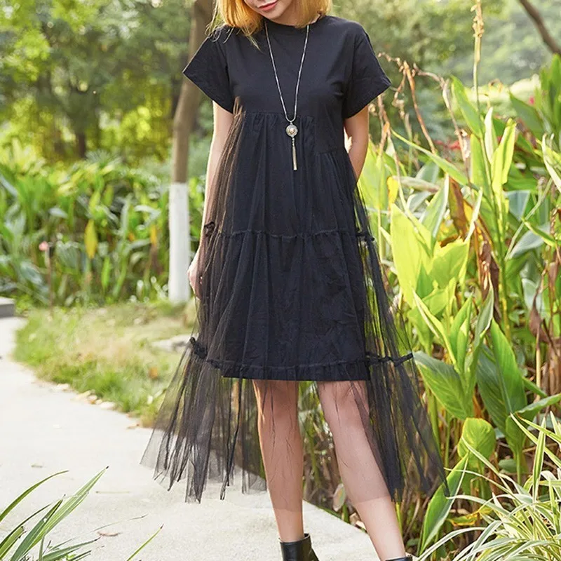 black dress TWOTWINSTYLE черные летние платья для женщин свободные короткий рукав высокая талия лоскутное Сетчатое платье женская повседневная одежда Корейский - Цвет: black dress