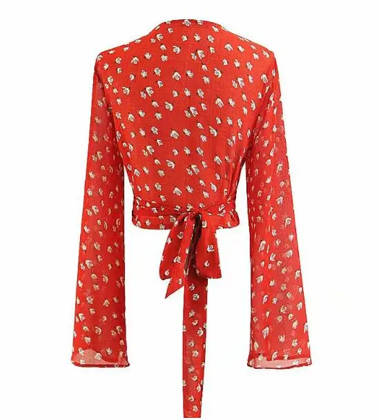 Сексуальная шифоновая рубашка с цветочным принтом и расклешенными рукавами на