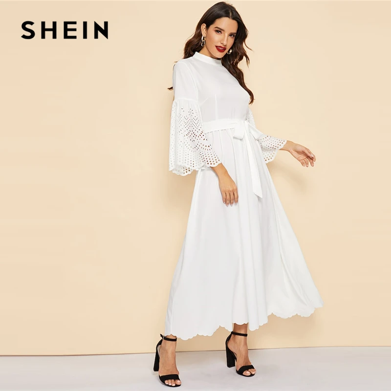 SHEIN Длинное Платье С Поясом И Кружевным Рукавом, Приталенное Платье С Кружевом, Макси Платье С Оригинальными Рукавами
