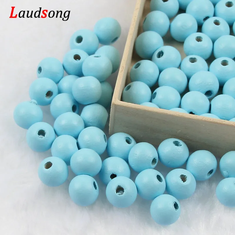 Baby Blue DIY 50-500pcs 6 8 10 12mm Gold Silver Natural Wooden Beads Round Ball Loose Wood Spacer Beads For Jewelry Making Accessories - Color: Baby Blue