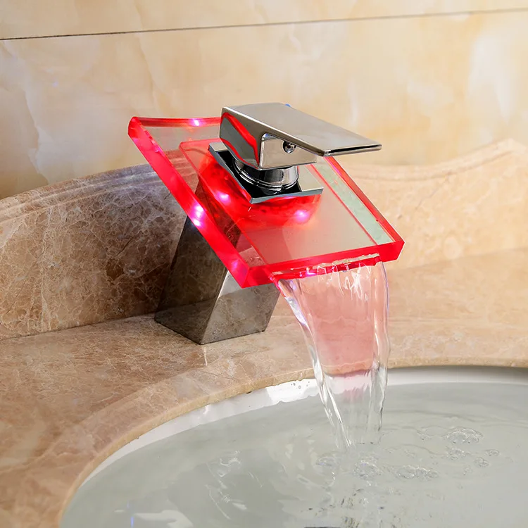 LED Color Changes Glass Waterfall Basin Faucet Bathroom Bath Tub Sink Mixer Tap Single Handle Kitchen Water Chrome Finish | Обустройство