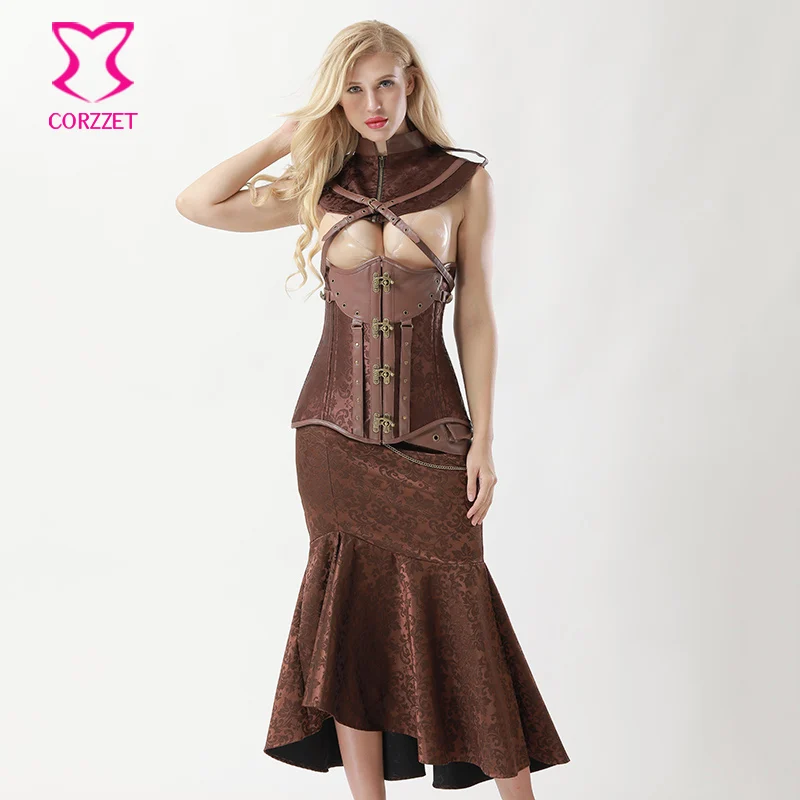 Корсет с длинным рукавом и юбкой годе черного цвета|steampunk corset dress|corset dressoverbust |