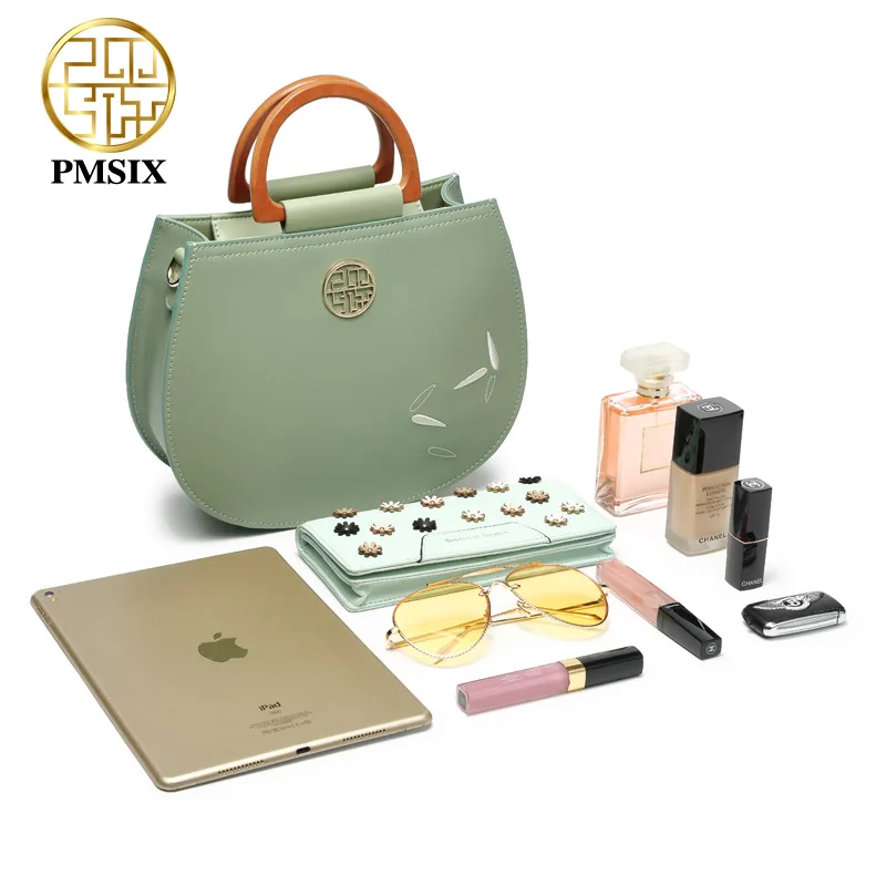 

Pmsix Designer Embroidery Flowers Cow Leather Women Handbag Green Wooden Handle Ladies Shoulder Bags Brand Totes
