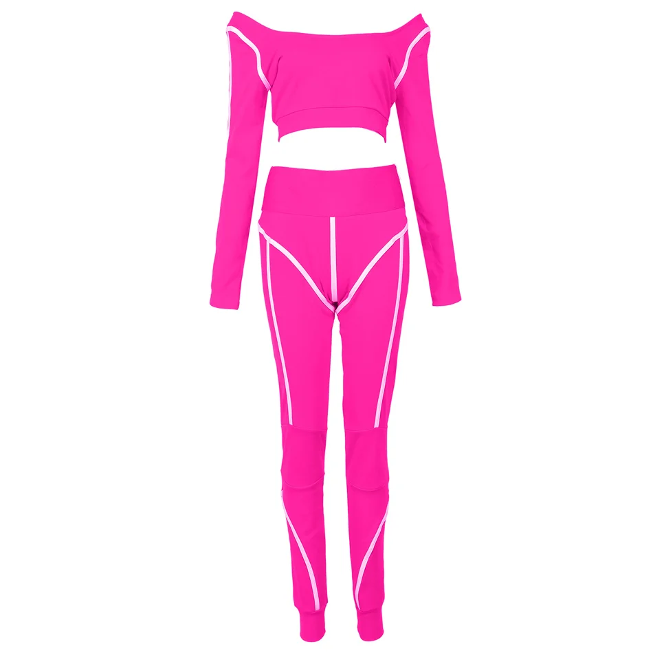 Fuchsia Шикарный светящийся спортивный костюм для женщин, сексуальный спортивный костюм для фитнеса, черный, оранжевый, светящийся длинный рукав, укороченный топ, штаны, комплект из 2 предметов - Цвет: Fuchsia