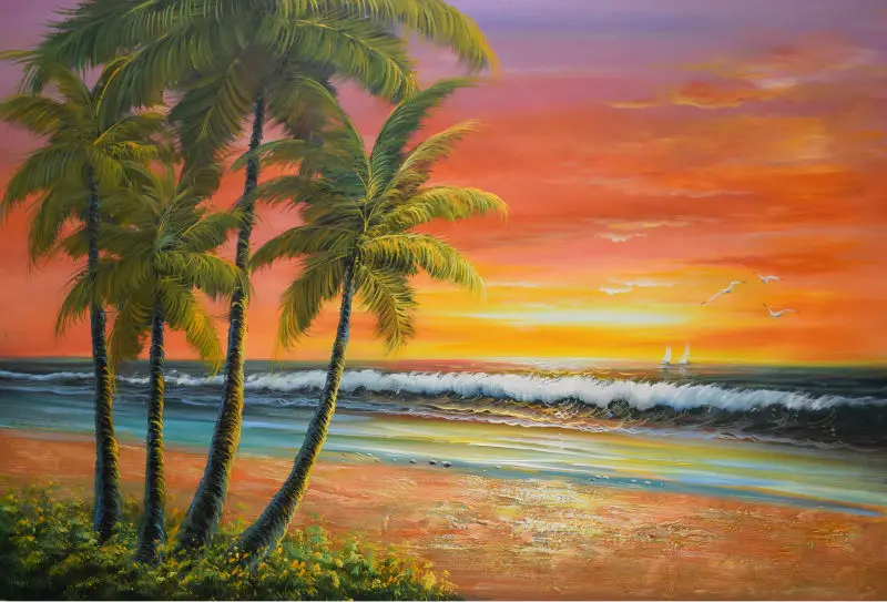

HandPainted Modern Beach Sea Wave Seascape Oil Painting on Canvas Palm Trees Beach Painting Wall Painting Picture for Room Decr