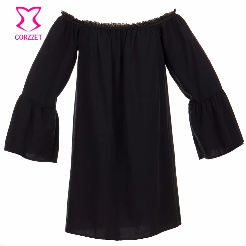 

Black Off Shoulder Three Quarter Flare Sleeve Vintage Shirt Blouse Women Gothic Lolita Top Steampunk Blusas Mujer Chemise Femme