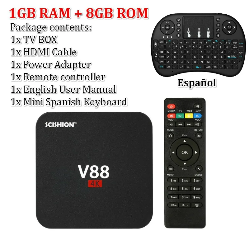 1G Black ES Keyboard SCISHION V88 Android tv Box IP tv ОС Android 9,0 1 ГБ ОЗУ 8 Гб RK3229 четырехъядерный 1080P WiFi HDMI смарт ТВ приставка медиаплеер - Цвет: 1G Black ES Keyboard