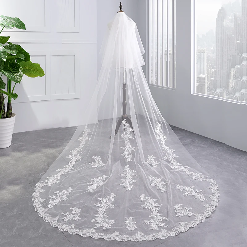 Фата FATAPAESE с гребнем свадебная двухслойная кружевной аппликацией длиной 3 5 м