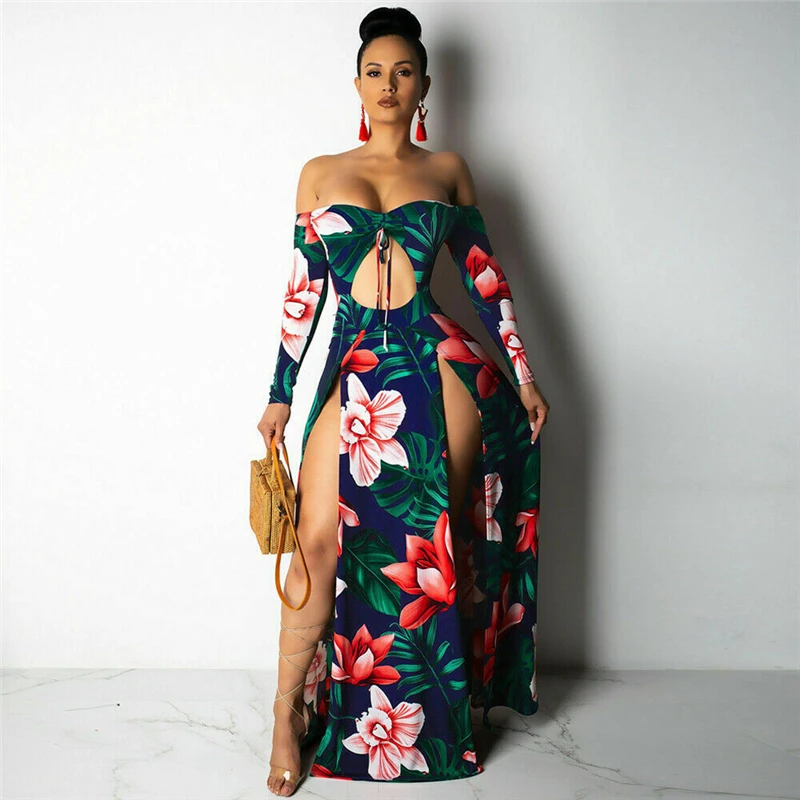 Женское винтажное платье с цветочным принтом Пляжное длинным рукавом и