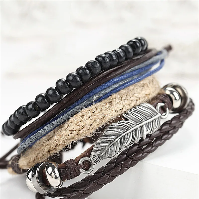 Крылья ангела перо браслет для мужчин сплав многослойный с деревянными бусинами