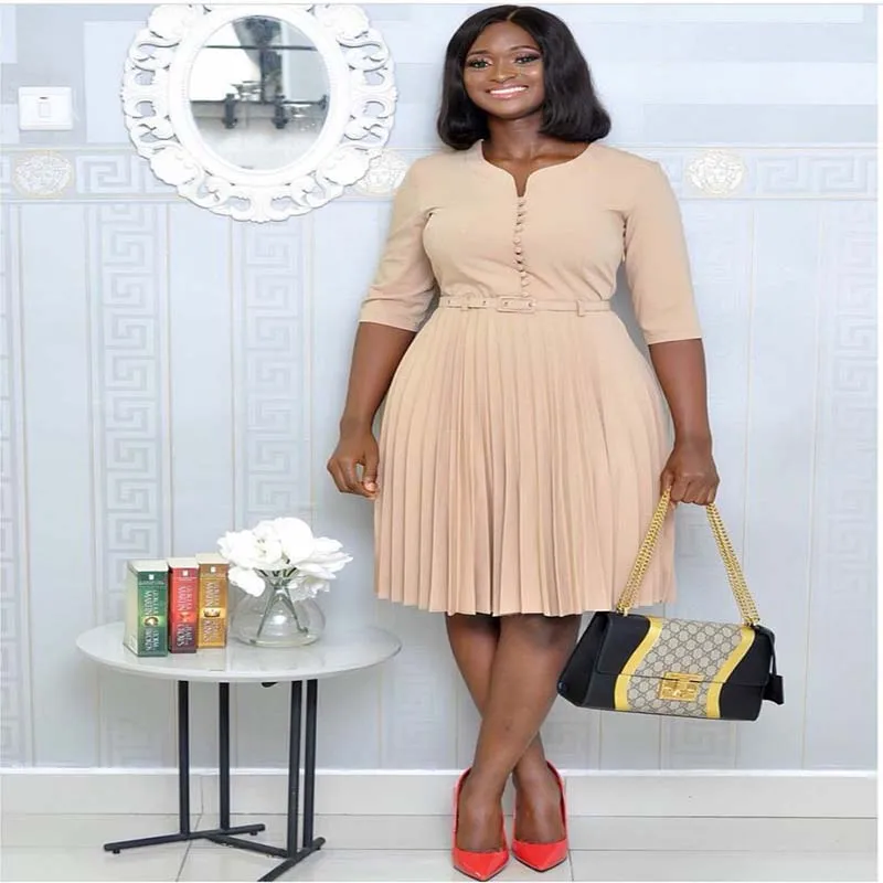 African Clothing Women Summer Solid Sexy Short Dress Half Sleeve Peach heart collar Pleated Office Lady Large size belt | Женская одежда
