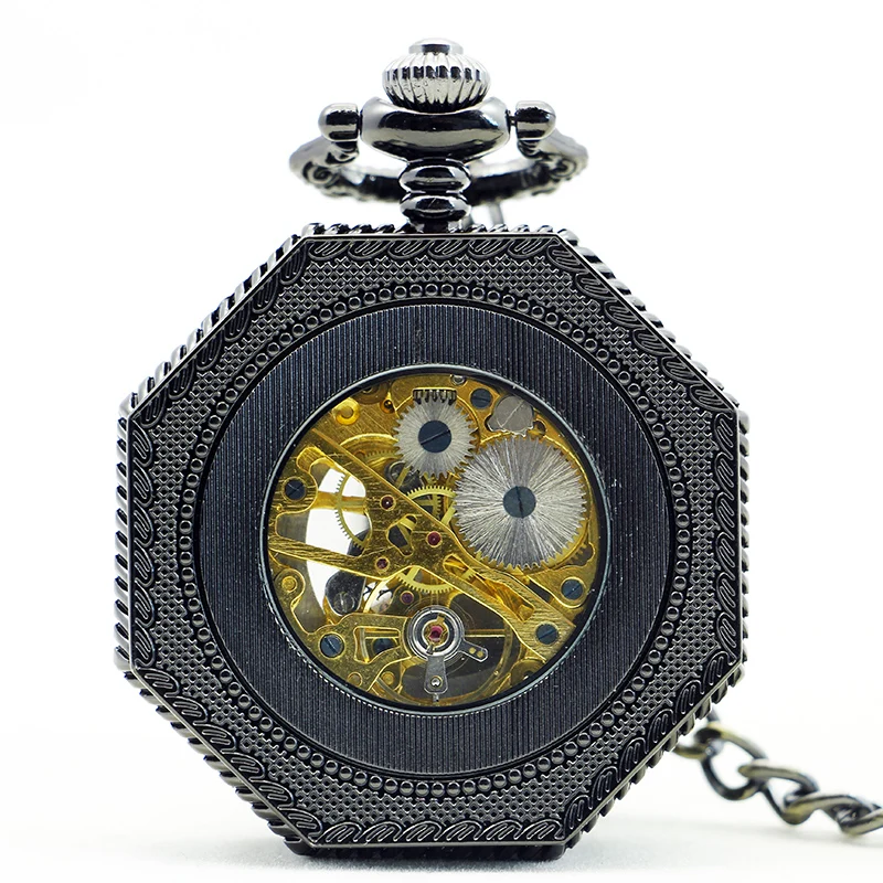 Black Octagon Hollow Digital Direct Display Manual Mechanical Pocket Watch Vintage Steampunk Necklace Pendant Clock Gift
