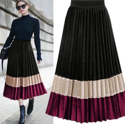 

New 2020 Spring Summer High Waisted Skinny Female Velvet Skirt Multi-color Stitching Pleated Skirt Office Skirts Womens