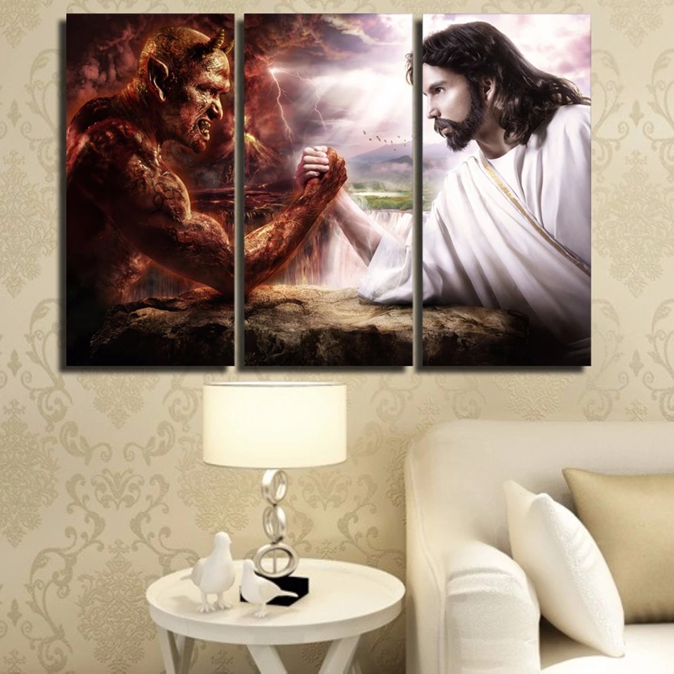 Artryst HD Printed Pictures Canvas Home Decor Room 3 Pieces Jesus Christ Arm Wrestling With Devil Painting Wall Art Posters | Дом и сад