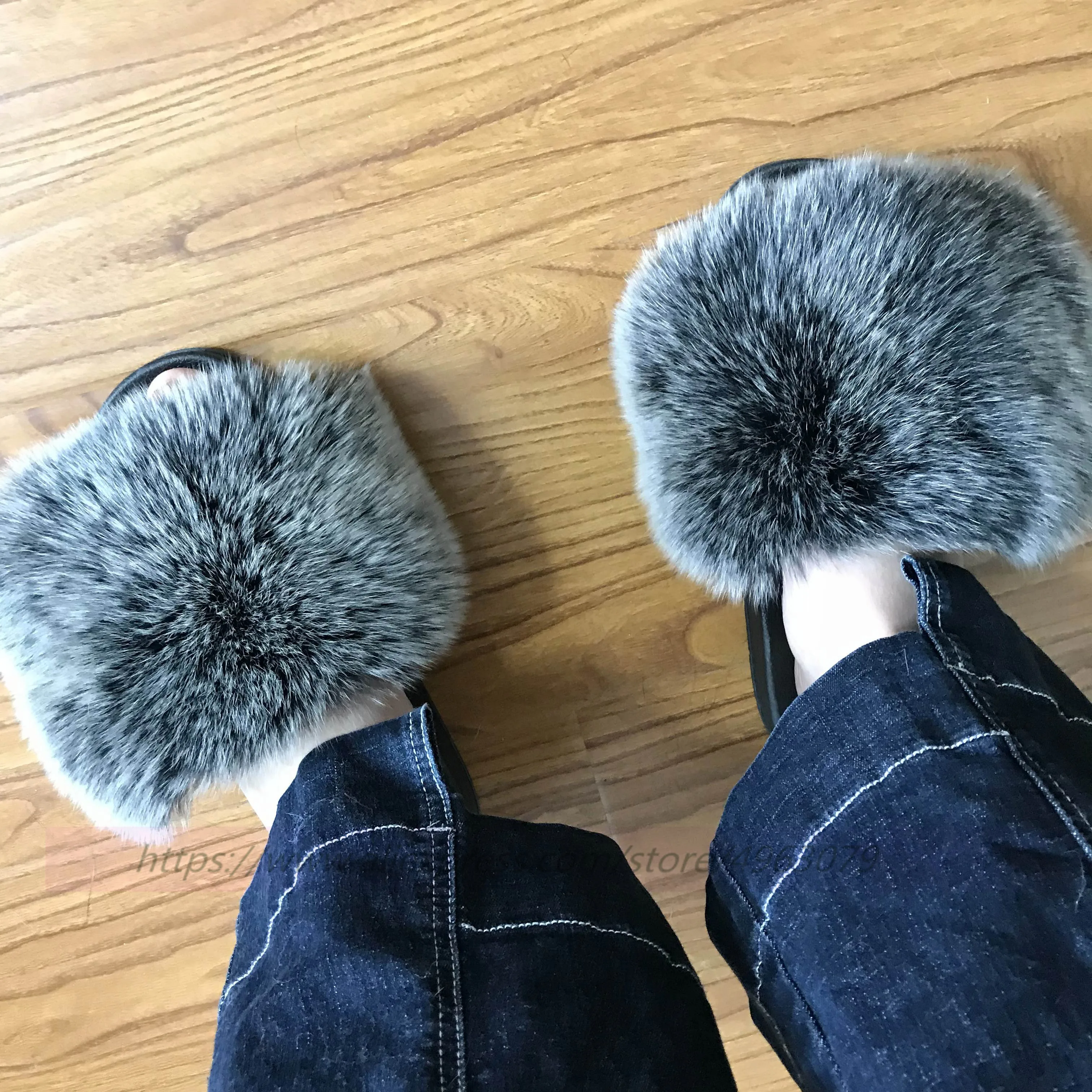 FunFur Max/большой размер XXL Шлепанцы из натурального меха лисы черного цвета Женские