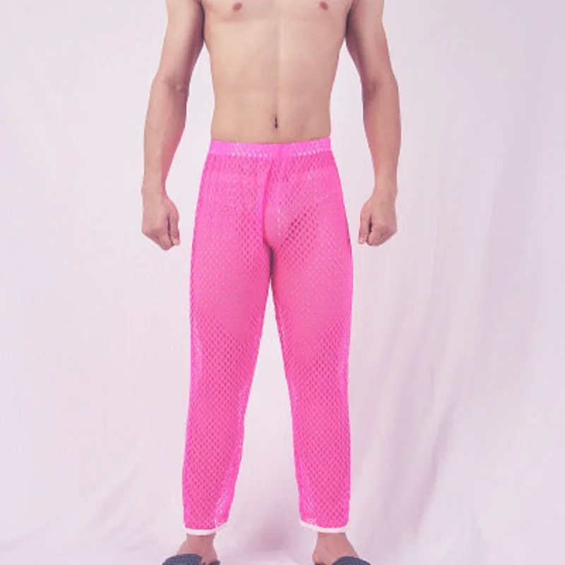 Pink Мужские брюки в сеточку, дышащее сексуальное прозрачное белье, домашние Пижамные брюки, дышащие впитывающие влагу брюки для ванной - Цвет: Pink