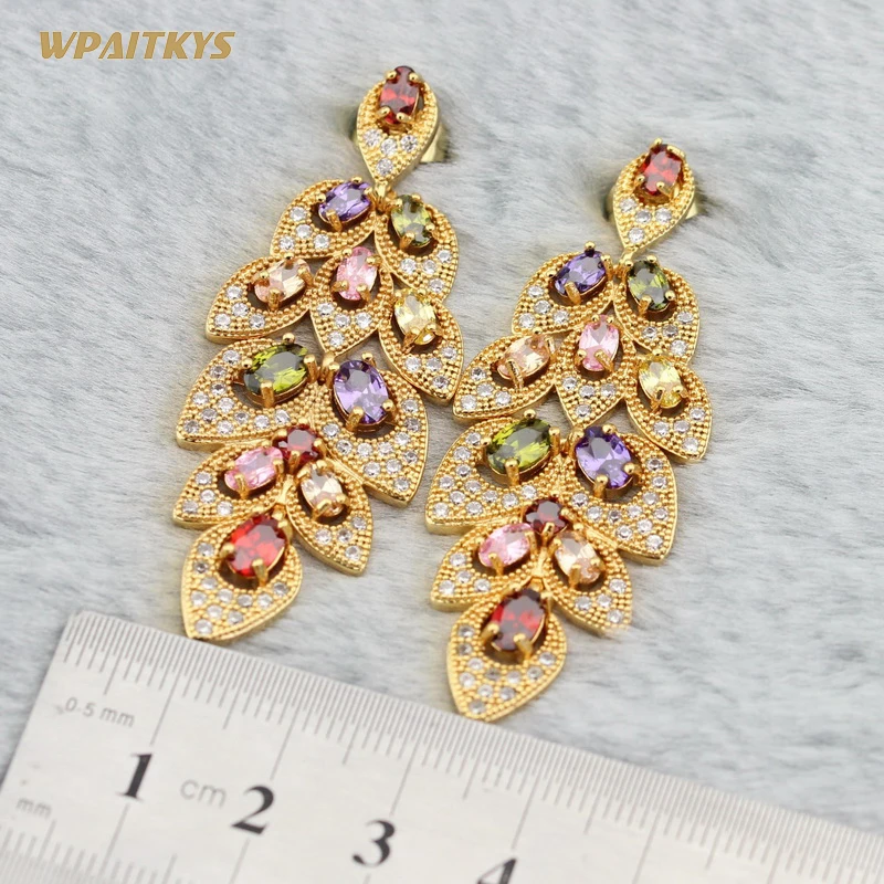 WPAITKYS Long Earrings for Women wedding Multicolor Cubic Zirconia Gold Color Earring Fashion Jewelry Free Gift Box | Украшения и
