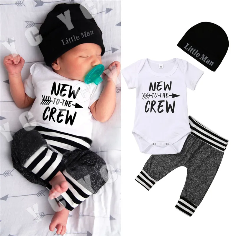 

0-18M Cute Infant Newborn Baby Boys Clothes Sets Letter Romper+Pants +Hat 3PCS Summer Casual Outfits Clothes Baby Clothing