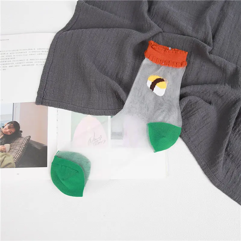 Милые носки Ins, стильные женские нейлоновые кружевные носки с принтом еды, прозрачные тонкие цветные лоскутные носки средней длины с рисунком, женские трендовые носки - Цвет: shousi