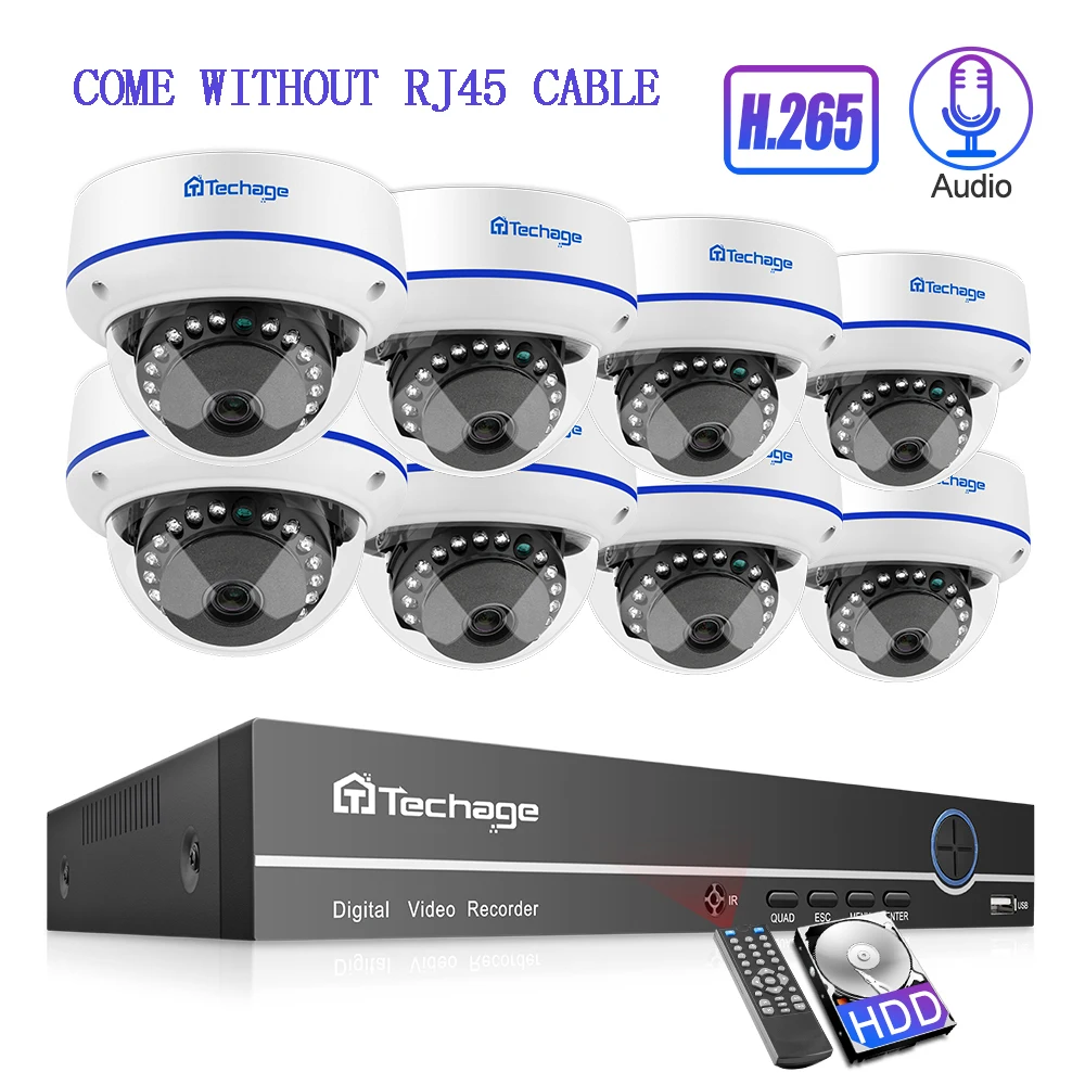 Techage 8CH H.265 1080P POE NVR безопасности Камера Системы 4/6/8 шт. 2MP купольная ip камера с