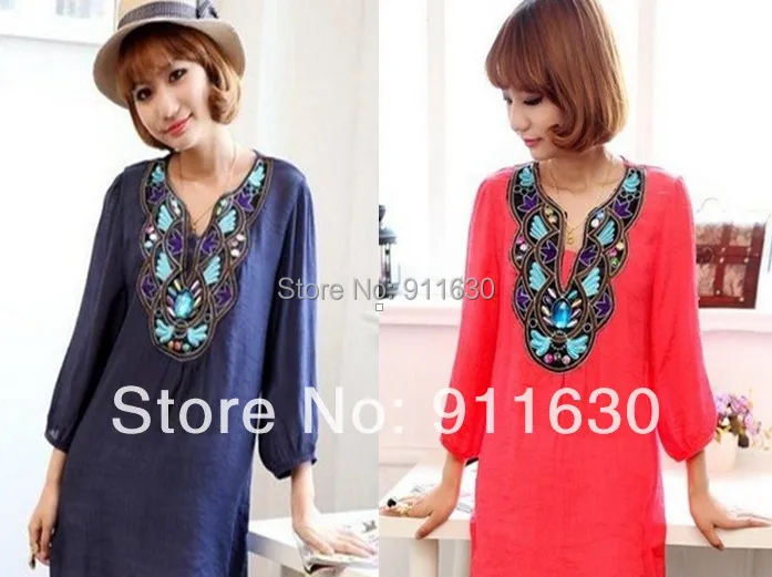 Женское винтажное платье с вышивкой темно синее/небесно голубое/белое/красное