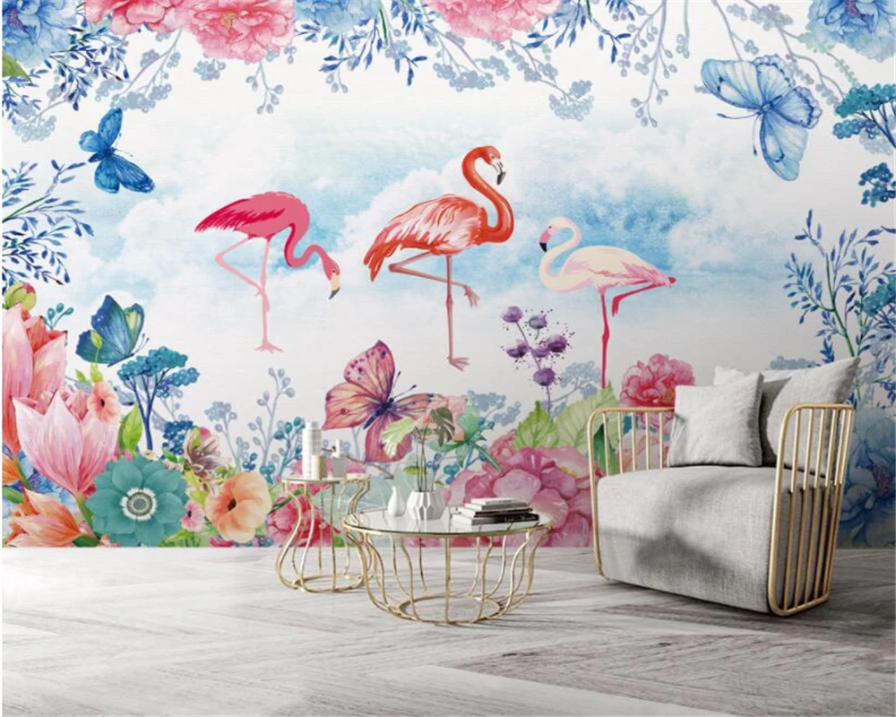 Beibehang Custom Wallpaper 3D Hand Drawn Floral Flamingo Background Wall 3d Wallpaper Mural Living Room Bedroom 3D Wallpaper beibehang custom wallpaper hand painted fried chicken beer wallpaper korean barbecue background decorative wall 3d wallpaper