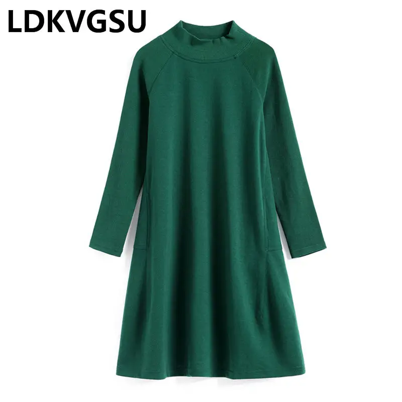 Spring Autumn Dress Female Long Sleeve 2019 New Fashion Temperament Loose Round Neck Large Size Green Knit LQ705 | Женская одежда