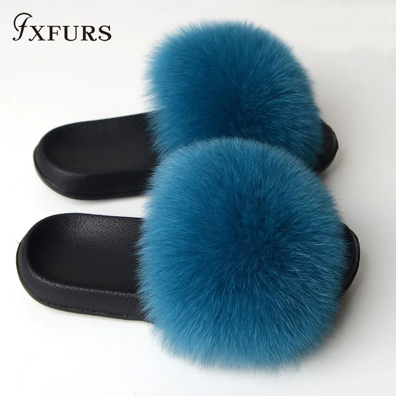 FXFURS/ г.; модные женские шлепанцы с лисьим мехом; сезон лето; пушистый мех; шлепанцы; пляжные скандалы; уличная ярмарка; шлепанцы; модная плюшевая обувь - Цвет: peacock blue