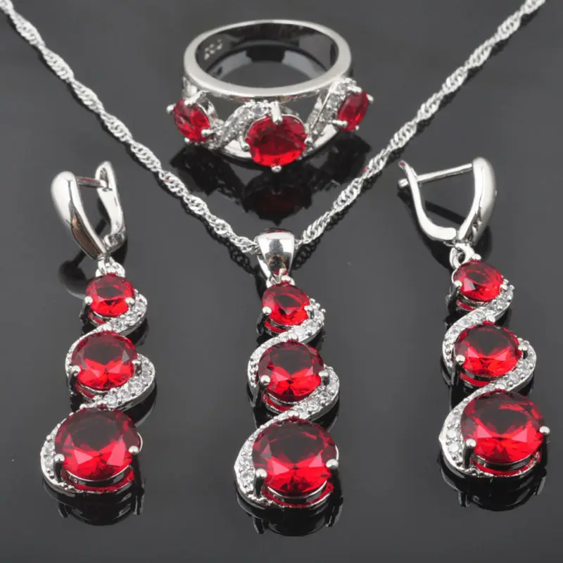 FAHOYO элегантный красный циркон белый CZ женский серебряный цвет Ювелирные наборы