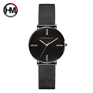 Черные модные женские часы Hannah Martin, японские кварцевые женские часы, повседневные наручные часы из нержавеющей стали, водонепроницаемые Аутентичные брендовые