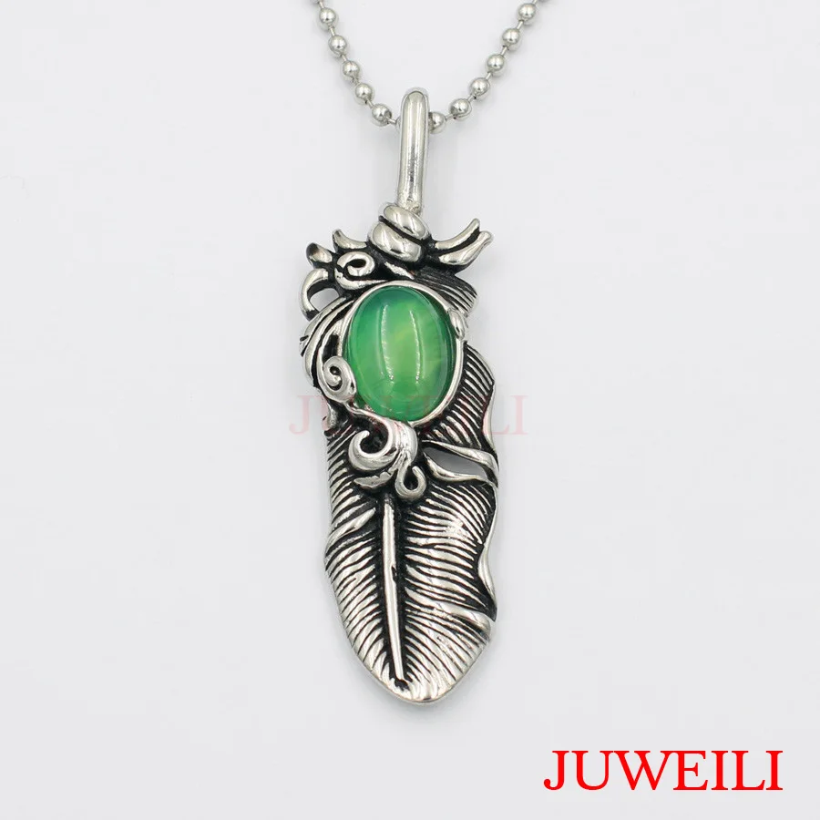 JUWEILI Jewelry 1x Ретро индийский Стиль перо набор камень Нержавеющая сталь кулон