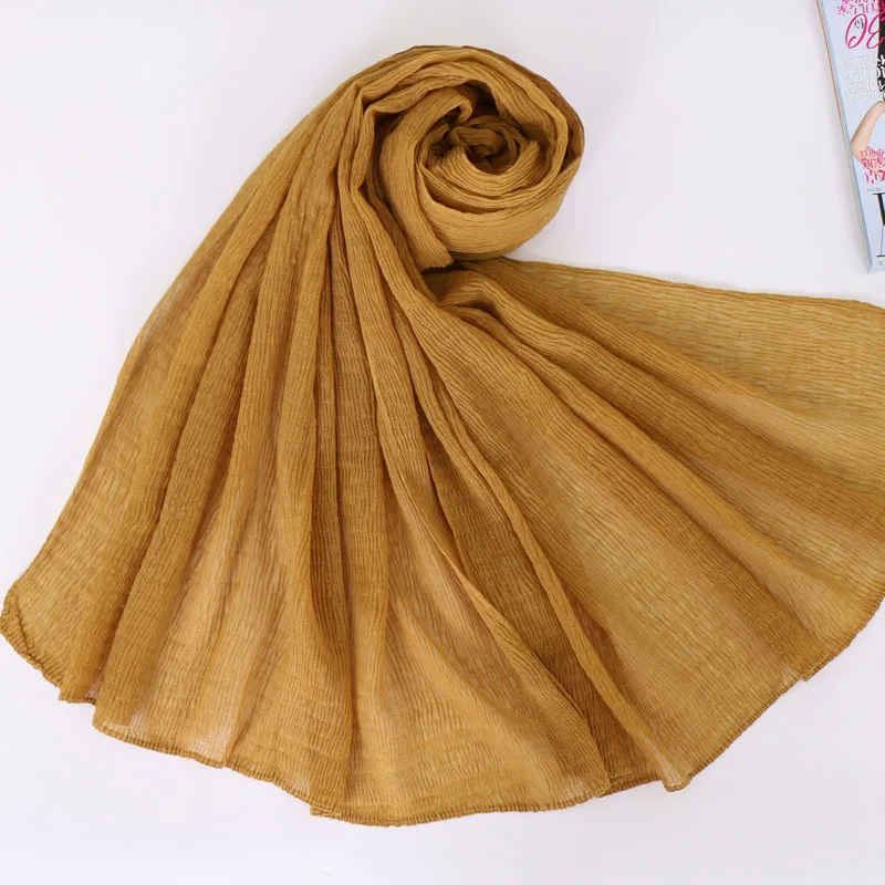 ginger yellow Мятый исламский женский платок на голову Балийский хлопковый плиссированный головной убор простая длинная шаль мусульманский хиджаб тюрбан палантин 90*180 см - Цвет: ginger yellow