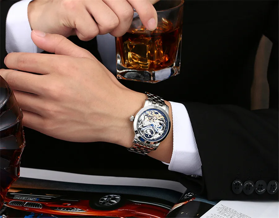 Скелет для мужчин механические часы Автоматические полые Tourbillon часы модные мужские водостойкие 50 м Спорт Луна часы с фазами Relogio