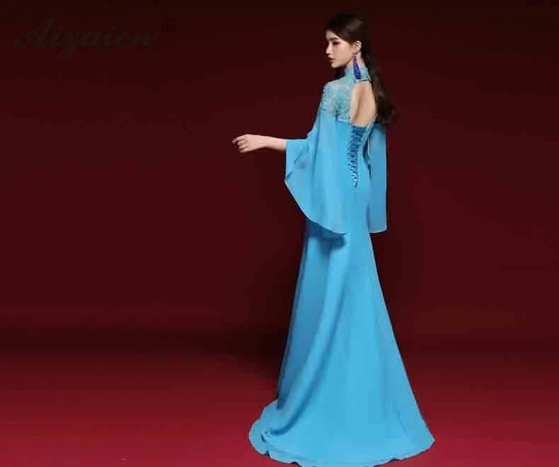 Модное кружевное шифоновый Чонсам в стиле русалки, современное красное женское традиционное китайское вечернее платье Ципао с длинными рукавами