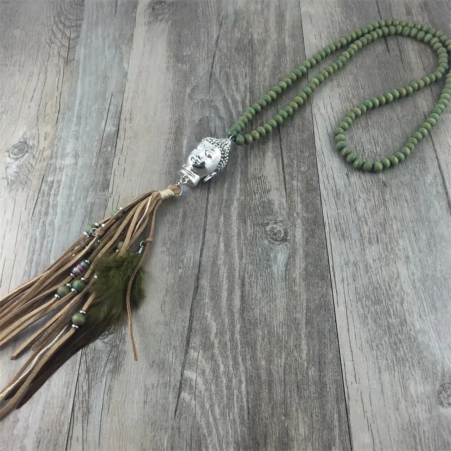 

New design Hot Wood beads Buddha pendant handmade tassel pendant necklace boho style knotted necklace winter women jewelry