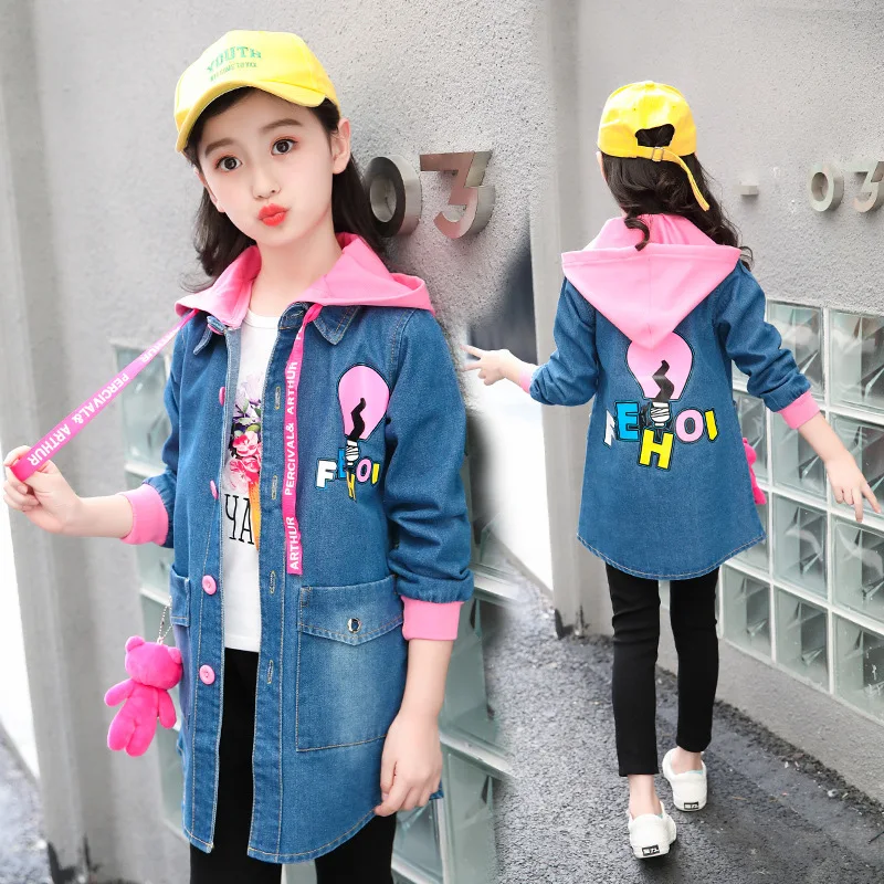 Girls Blue Jeans Jackets 2018 New Autumn Children Long Clothes Girl Kids Outerwear Coats Denim Sleeve Cartoon Jacket Hooded | Детская