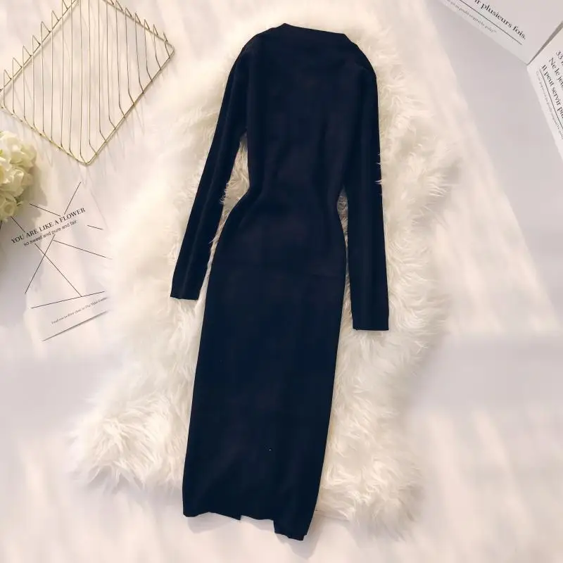 autumn and winter new women O-neck buttons zipper long sleeve waist pockets OL elastic knitted dress female sweater dresses