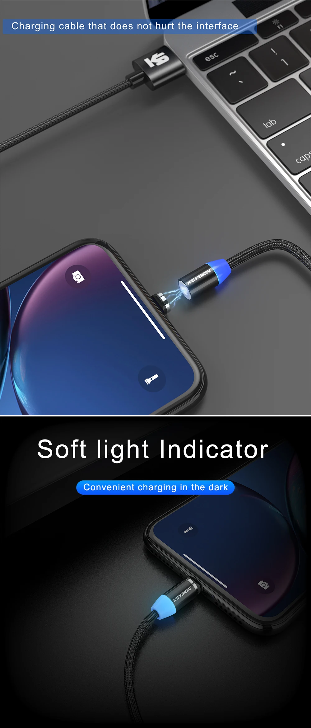 KEYSION type-C светодиодный магнитный кабель для Xiaomi mi 9T Pro mi 9 SE Red mi K20 Note 7 Pro 1m 2m 2A кабель для быстрой зарядки type-C для Poco F1