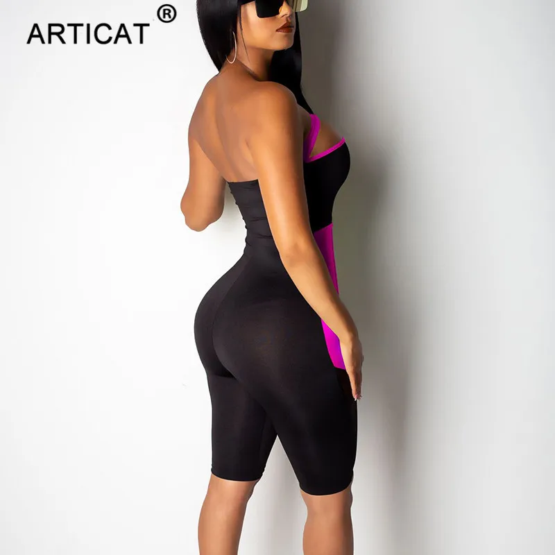 Articat сетки лоскутное без бретелек Bodycon комбинезон для женщин с открытыми плечами прозрачные летние женские комбинезоны с открытой спиной костюм для вечеринки