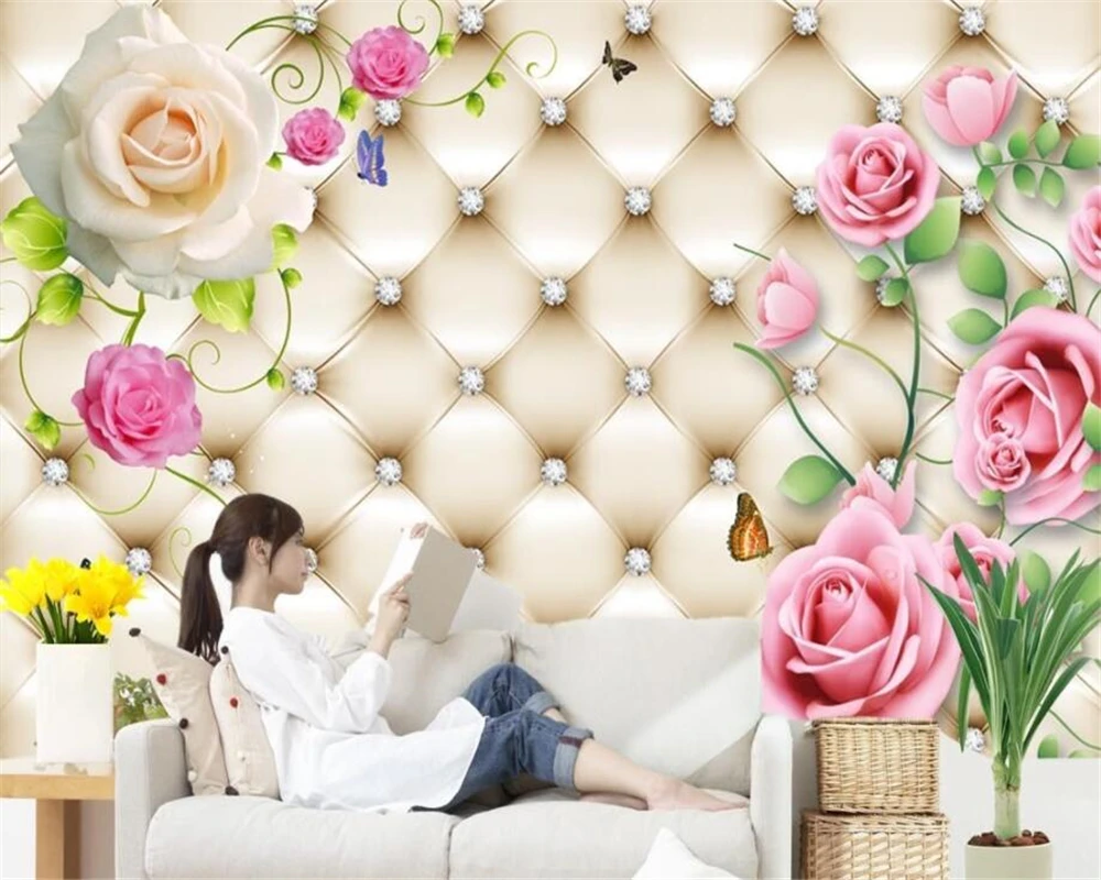 

Beibehang Customize wallpaper for walls 3 d European-style soft pack rose diamond flower butterfly background wall wallpaper