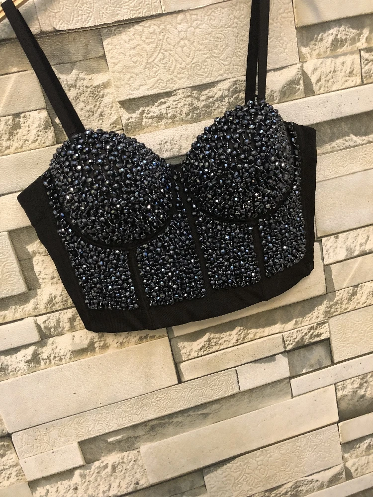 Осень Зима блёстки Гага бюстье жемчуг Пуш Ап ночной клуб Bralette женский бюстгальтер обрезанный Топ корсет размера плюс D240