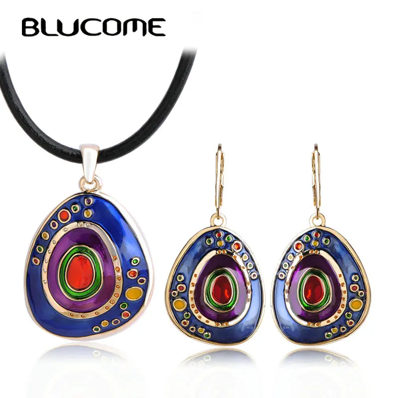 Blucome, винтажное, цветное, круглое, эмалированное ожерелье, серьги, набор, веревка, цепочка, подвеска, длинные, висячие серьги, для женщин, девушек, вечерние, ювелирное изделие, наборы