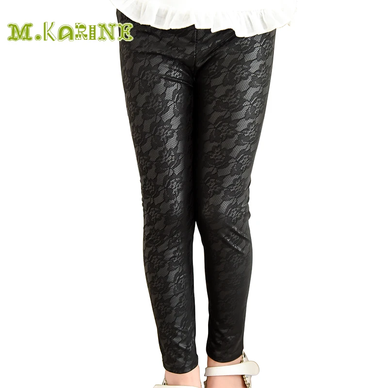 Милые леггинсы для девочек кружевные штаны из искусственной кожи с цветочным