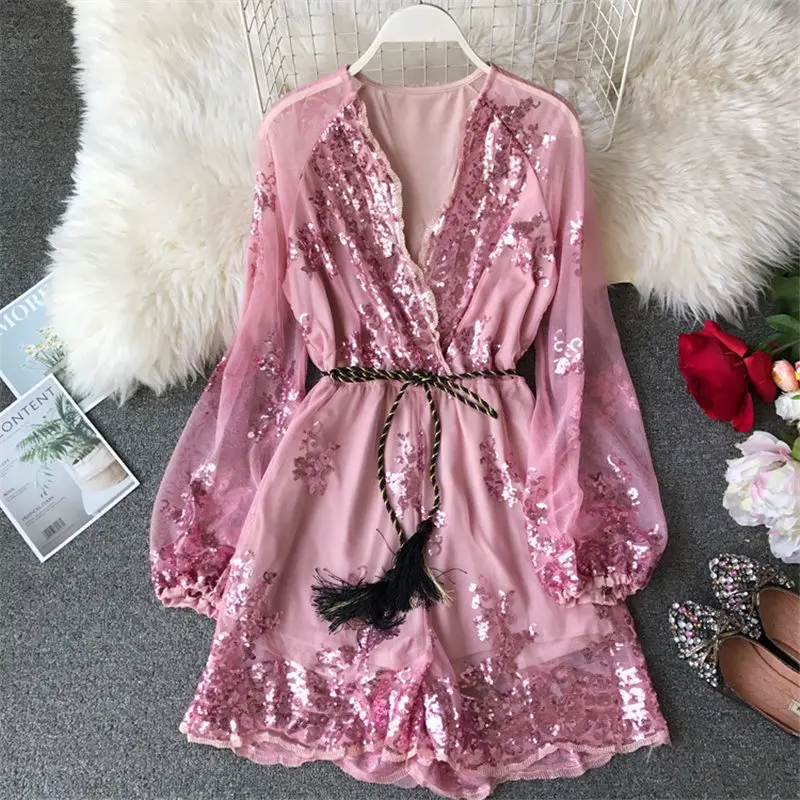 Женский комбинезон с блестками LUOSHA клубный длинными сетчатыми рукавами глубоким