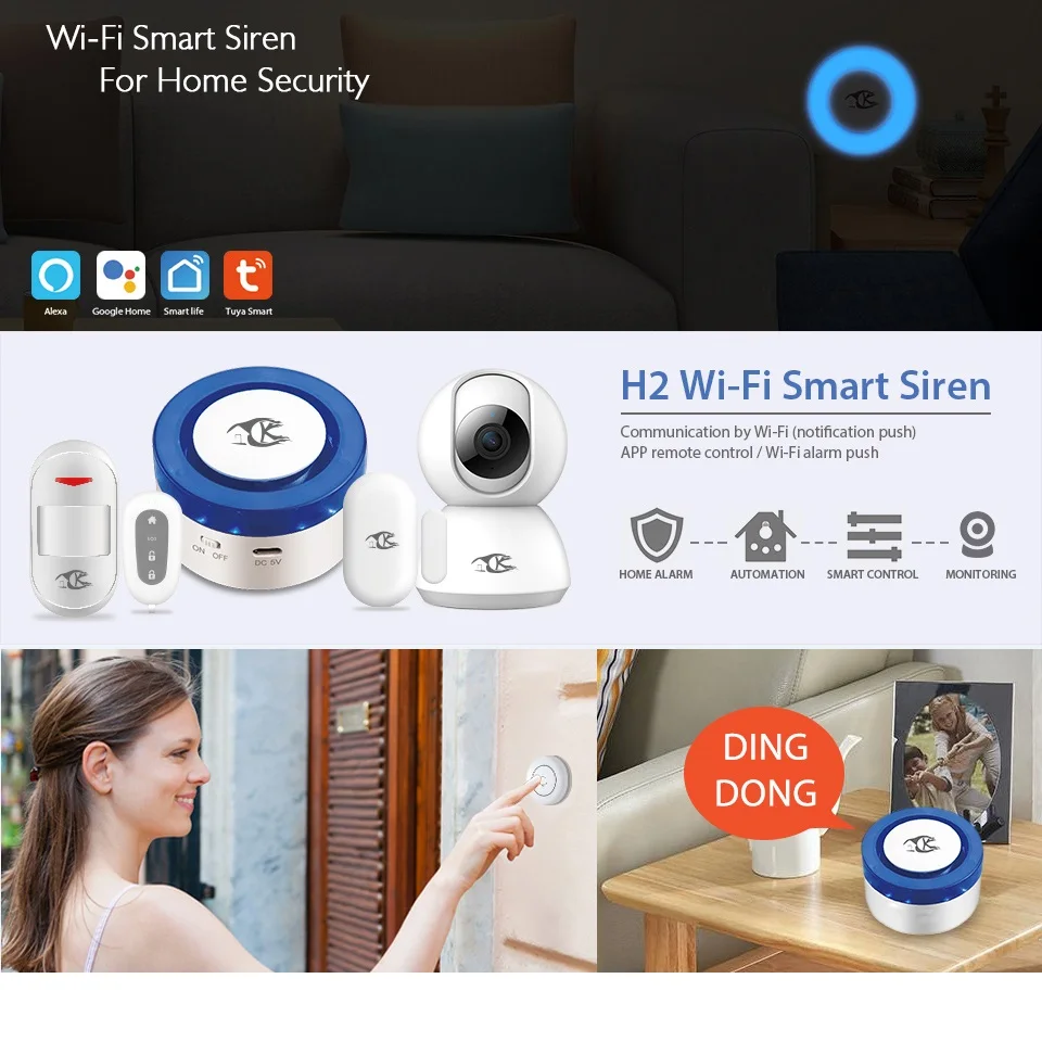 Умная беспроводная Wi Fi сирена с управлением через приложение совместимая Alexa Google