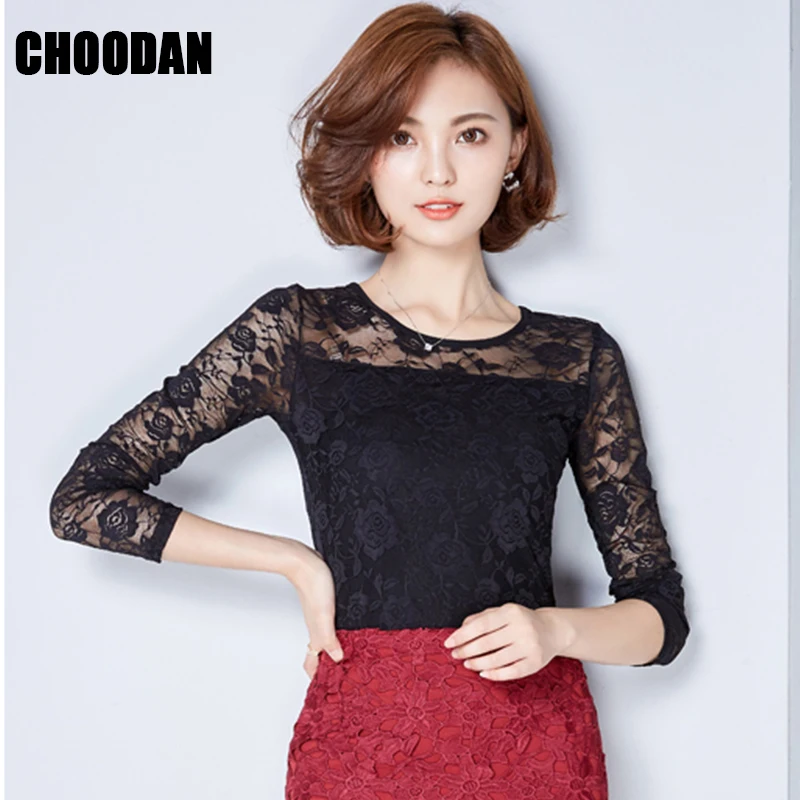 Черная кружевная блузка женские кружевные топы с длинным рукавом осень 2018