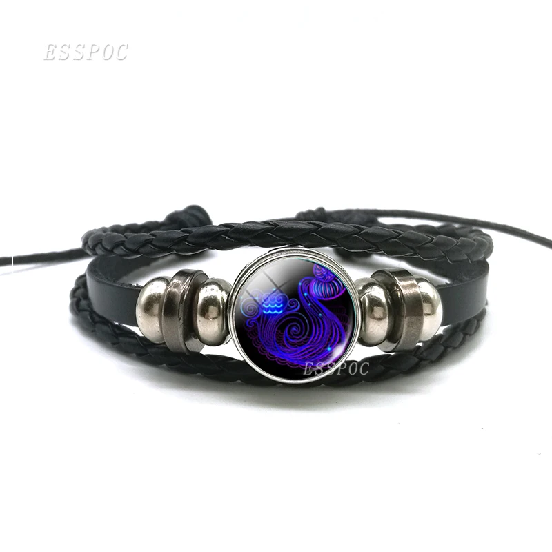 Aquarius 12 Созвездие Близнецы раковые Leo Virgo Libra Scorpio Черный Кожаный Браслет Зодиак стеклянный браслет из кабошона для мужчин и женщин - Окраска металла: Aquarius